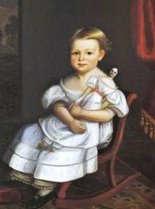 Blonde girl white dress wooden doll portrait