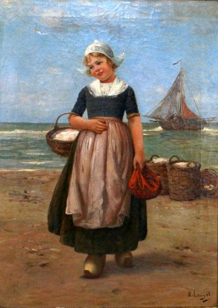 Young Dutch girl w basket of fish Edmond Louyot 1861 - 1920