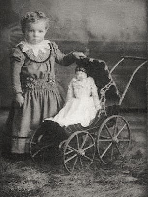 Antique photo girl with star collar china and carriage